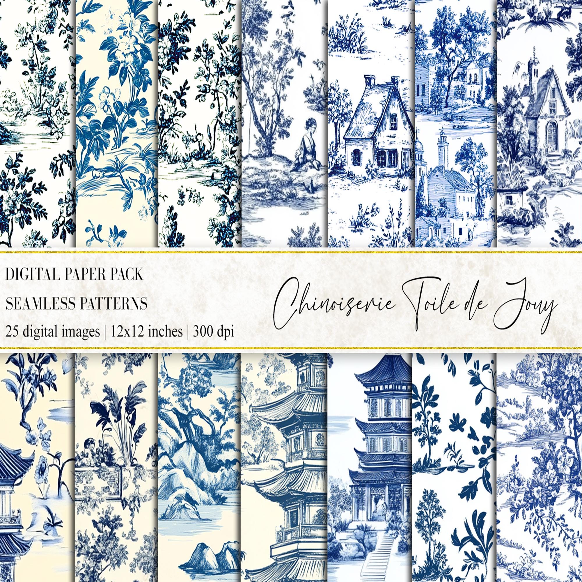 Chinoiserie Toile de Jouy Digital Papers, Chinoiserie Floral Digital Papers, Chinoiserie Patterns, Vintage Floral Pattern, French Toile