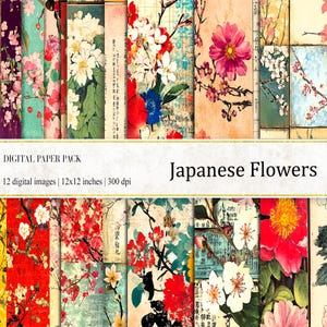 Fleurs japonaises, papiers numériques, papier oriental, fleurs vintage, fleurs asiatiques, feuille de collage numérique, pages de journal indésirable, fleurs botaniques