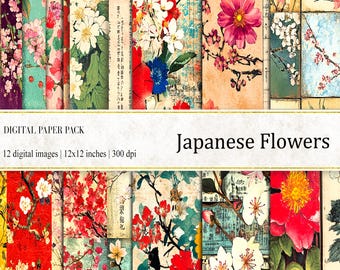 Vintage Japanese Floral Digital Paper: Oriental Collage Sheets (Digital Download)