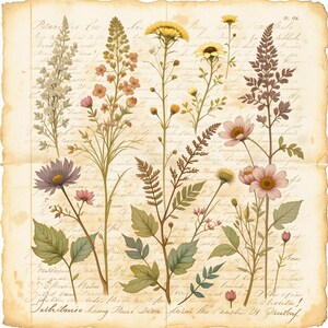 May include: A vintage botanical illustration featuring various dried flowers and plants on a cream-colored background with handwritten text. The flowers include pink, white, and yellow blossoms, and the plants have green leaves and brown stems.