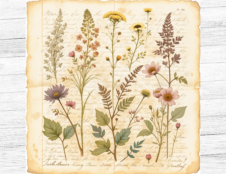 May include: A vintage botanical illustration featuring various dried flowers and plants on a cream-colored background with handwritten text. The flowers include pink, white, and yellow blossoms, and the plants have green leaves and brown stems.