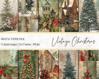 Puede incluir: Un paquete de papel digital con 15 diseños de temática navideña vintage. Los diseños presentan imágenes de árboles cubiertos de nieve, casas y bayas de acebo. El paquete de papel es de 12x12 pulgadas y 300 dpi.