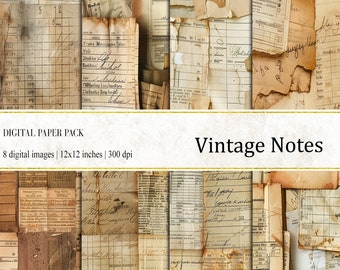 May include: A digital paper pack with eight vintage-style paper textures. The papers feature a distressed, aged look with handwritten notes and faded lines. The papers are perfect for scrapbooking, card making, and other crafting projects.