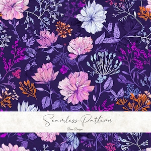 Pode incluir: Padrão floral sem costura em tons de roxo, rosa, laranja e branco. O design apresenta ilustrações detalhadas de várias flores e folhagens sobre um fundo roxo escuro. O texto "Seamless Pattern" e "Benn Designs" estão presentes.