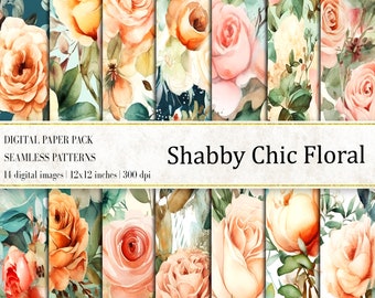 Può includere: Un pacchetto di carta digitale con 14 motivi senza cuciture che presentano disegni floreali ad acquerello in tonalità pesca, rosa e verde. I motivi sono di 12x12 pollici e 300 dpi. Il testo "Shabby Chic Floral" è visualizzato sull'immagine.
