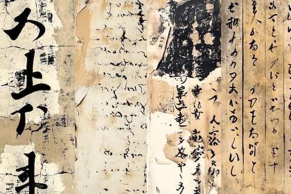 Japanese Calligraphy Digital Paper: Grunge Japan Letters (12x12