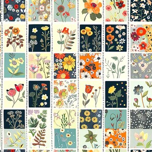May include: A grid pattern fabric featuring various square panels with diverse floral illustrations in shades of orange, yellow, blue, and green, separated by vertical rows of black dots on a cream background.