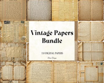 May include: A selection of vintage paper textures, including ledger pages, handwritten letters, and aged documents. The central text reads "Vintage Papers Bundle" with "110 Digital Papers" below. The papers have a sepia tone with torn edges, creating an antique aesthetic.