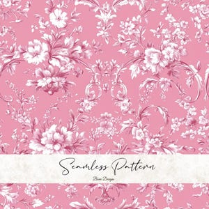 May include: Seamless pattern design featuring a repeating floral motif in shades of pink and white. The design includes detailed illustrations of flowers and foliage, with the words "Seamless Pattern" and "Bena Designs" in a script font.