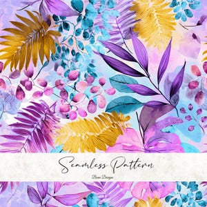 May include: A seamless pattern with watercolour illustrations of tropical leaves in purple, gold, teal, and pink. The design includes various leaf shapes and textures, with the text "Seamless Pattern" and "Bena Designs" at the bottom.
