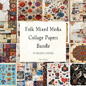 Folk Mixed Media Collage Papers Bundle, Folk Art Printable, Japanese Art, Cultural Pages, Digital Download, Folk Backgrounds, Collage Print