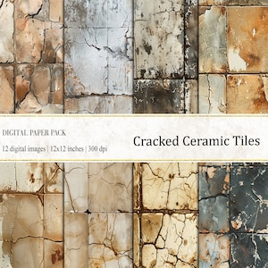 May include: A digital paper pack containing 12 images of cracked ceramic tiles. Each image is 12x12 inches and 300 dpi. The tiles are a mix of beige, brown, and grey with a distressed, cracked appearance.