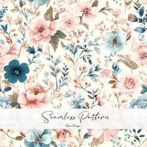 Peut inclure: Un motif floral sans couture avec des fleurs à l'aquarelle dans les tons de rose, bleu et marron sur un fond crème. Le motif comprend divers types de fleurs et de feuillage, avec le texte "Seamless Pattern" et "Bena Designs".