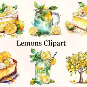 Clipart citrons aquarelle, clipart été frais, décoration citron aquarelle, clipart fleur de citronnier, illustration de citrons, usage commercial