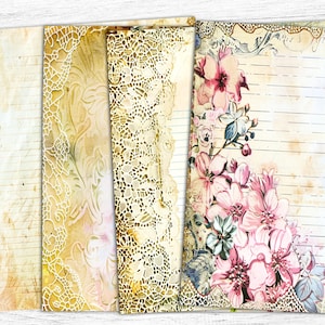 Blanco gevoerde ongewenste dagboekpapieren, bloemenpapier, vintage afdrukbaar, noodlijdende digitale collage, digitale download, coquettepapier