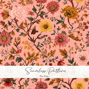 Op de afbeelding: Naadloos bloemenpatroon in roze, gele en bruine tinten. Het ontwerp toont diverse bloemen, bladeren en takken. De tekst "Seamless Pattern" en "Bena Designs" wordt in een witte banner onderaan weergegeven.