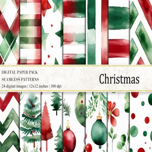 Papéis digitais de aquarela de Natal, papéis digitais de Natal, fundos de Natal, padrões sem emenda de Natal vermelho e verde, papéis digitais