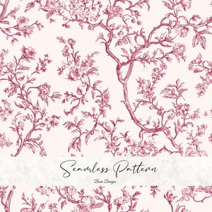 May include: A seamless pattern design with a repeating floral motif in a deep red colour, set against a pale cream background. The pattern features detailed branches with leaves and flowers. The text "Seamless Pattern" is displayed.