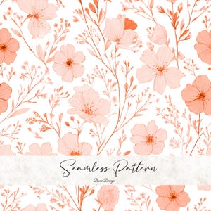 May include: Seamless pattern featuring delicate peach-colored flowers and slender stems on a white background. The floral design includes various sizes of blossoms and fine details, creating a soft, airy aesthetic. The text "Seamless Pattern" is displayed in elegant script.