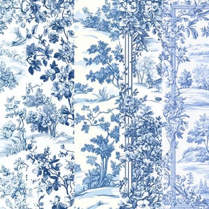 Blue Toile de Jouy Digital Paper: Chinoiserie Floral Patterns (12x12 inch PNG) (Digital Download) image 8