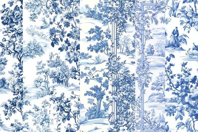 Blue Toile de Jouy Digital Paper: Chinoiserie Floral Patterns (12x12 inch PNG) (Digital Download) image 8