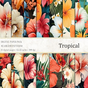 Tropical Digital Papers, Tropical Seamless Patterns, Hibiscus Seamless Patterns, Tropical Flowers Papers, Instant Download, Digital Papers
