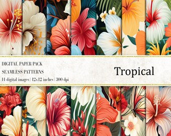Patrones sin costuras de hibisco tropical: Papeles digitales florales (descarga digital)