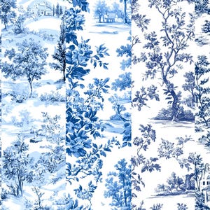 Blue Toile de Jouy Digital Paper: Chinoiserie Floral Patterns (12x12 inch PNG) (Digital Download) image 4