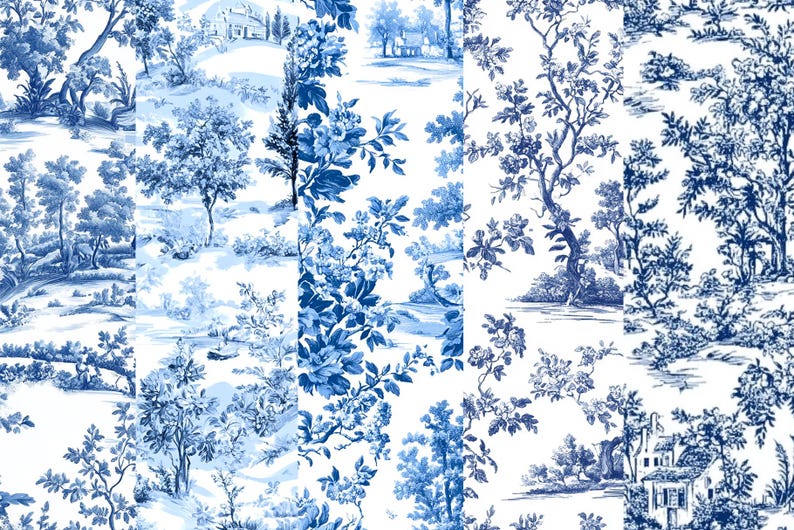 Blue Toile de Jouy Digital Paper: Chinoiserie Floral Patterns (12x12 inch PNG) (Digital Download) image 4