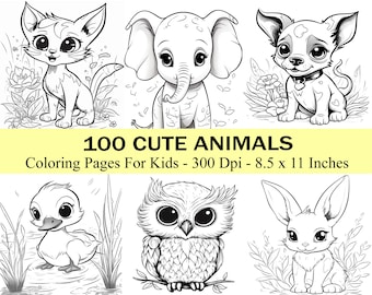 May include: A black and white coloring book page featuring six cute animals: a cat, elephant, dog, duckling, owl, and rabbit. The text "100 CUTE ANIMALS Coloring Pages For Kids - 300 Dpi - 8.5 x 11 Inches" is displayed.