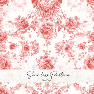 May include: A seamless pattern featuring a repeating design of coral-colored roses and foliage on a white background. The floral elements are detailed and arranged in a symmetrical layout. The text "Seamless Pattern" and "Bena Designs" are displayed at the bottom.