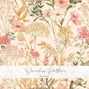 May include: A seamless floral pattern featuring a variety of flowers in shades of pink, peach, and cream, with green foliage. The design includes daisies, hydrangeas, and other wildflowers. The text "Seamless Pattern" and "Bena Designs" are also visible.