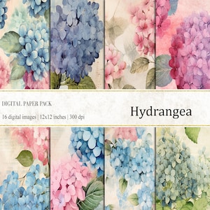 Papiers numériques hortensia, Papiers fleurs d'hortensia, Papiers de journal hortensia, Papiers de journal floral, Carte postale vintage, Papiers de fleur d'hortensia