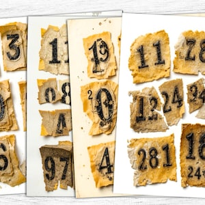 Lettere grunge, numeri, fogli di giornale spazzatura, numeri industriali, carte strappate, numeri rovinati, download digitale, collage di numeri