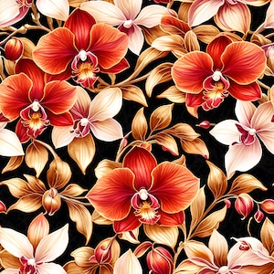 May include: A seamless pattern featuring vibrant red and cream orchids with golden-brown leaves against a black background. The floral design showcases detailed petals and botanical elements, creating a rich, decorative aesthetic.