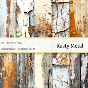 May include: Digital paper pack with 10 rusty metal textures. The textures are a mix of brown, orange, white, and gray. The pack includes 12x12 inch images at 300 dpi.