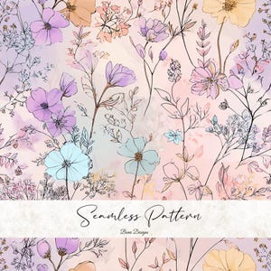May include: A seamless floral pattern featuring watercolor-style flowers in shades of lavender, peach, and blue. Delicate line art outlines the flowers and foliage against a soft, pastel background. The text "Seamless Pattern" is displayed.
