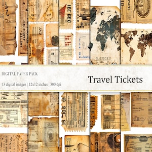 Reisetickets Digitale Papiere, Reisejournal Papiere, Reise-Print, Reise Digitale Papiere, Digitale Ephemera Hintergrund, Alte Papiere Druck