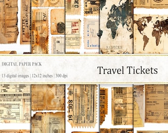May include: A digital paper pack of 13 vintage travel ticket images. The images are in various shades of brown and yellow with text and graphics. The images are 12x12 inches and 300 dpi.