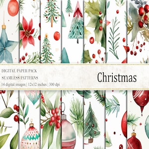 Watercolor Christmas Digital Papers, Christmas Seamless Pattern, Christmas Ornaments Pattern, Christmas Scrapbooking, Digital Papers