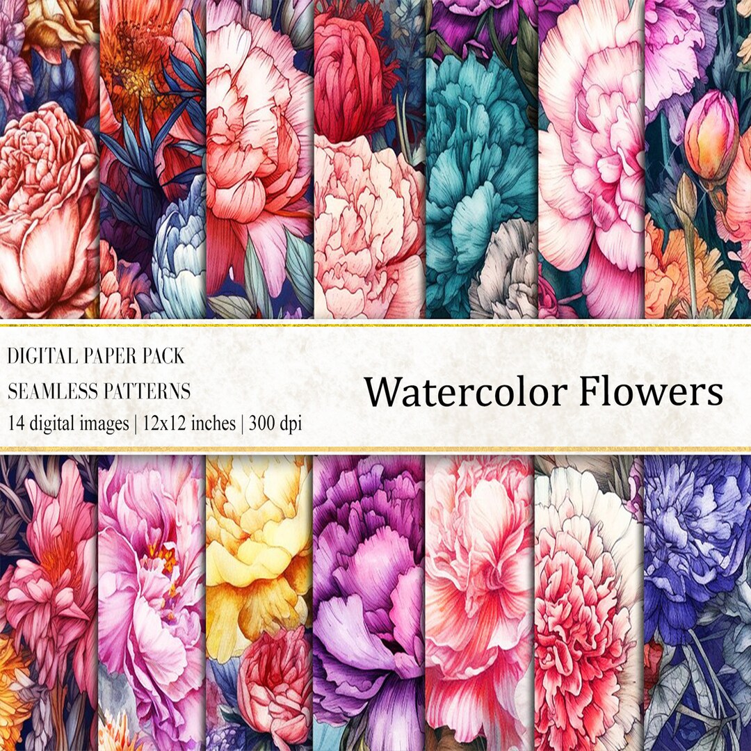 Watercolor Peony Flowers Digital Paper: Vintage Seamless Patterns ...