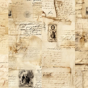 May include: A collage of vintage paper scraps with handwritten text and illustrations. The paper is aged and has a brown and cream color. The text is in a cursive script and is difficult to read. The illustrations include a portrait of a man, a small drawing of a person, and a stamp with a design of a bird.