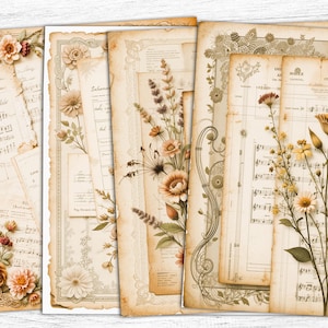 Papeles vintage de diario musical, papeles de flores de primavera, descarga digital, papeles de flores secas, páginas de notas vintage, uso comercial