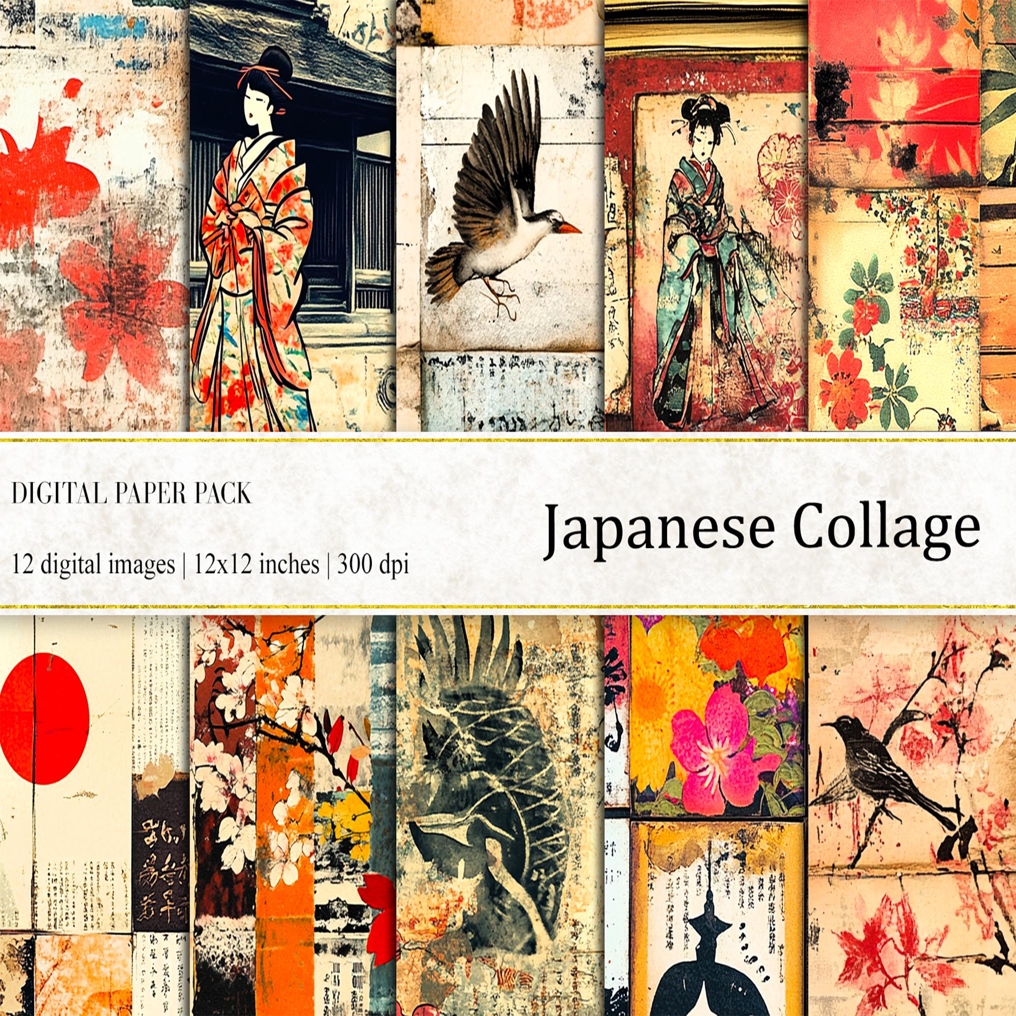 Japanese Collage Digital Papers: Vintage Asian Backgrounds