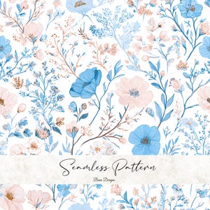 May include: A seamless floral pattern featuring blue and blush-colored flowers and foliage on a white background. The design includes stylized poppies and other delicate blooms, with the words "Seamless Pattern" and "Bena Designs" in script.