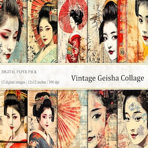 Vintage Geisha Collage Digital Papers, Japanese Papers, Asian Backgrounds, Vintage Journal Papers, Digital Collage Sheet, Oriental Papers