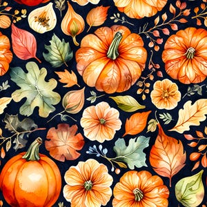 Könnte beinhalten: Ein nahtloses Muster mit Aquarellillustrationen von Kürbissen, Herbstblättern und Blumen in Orange-, Grün- und Gelbtönen auf einem dunkelblauen Hintergrund. Das Design erinnert an ein Ernte- oder Herbstthema.
