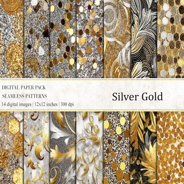 Silver Gold Digital Papers, Silver Gold Seamless Patterns, Silver Gold Glitter, Sequin Digital Papers, Silver Backgrounds, commercial use