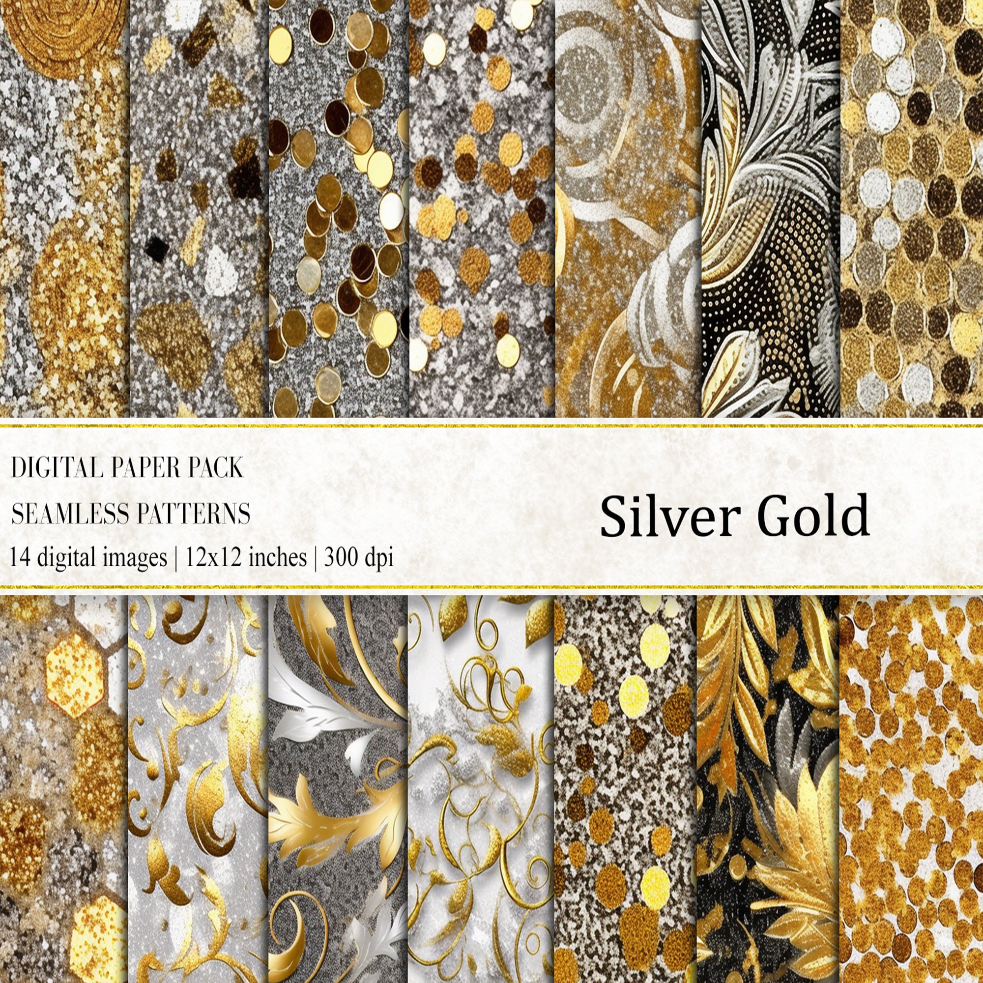Silver & Gold Glitter Digital Paper: Seamless Patterns (Digital Download)
