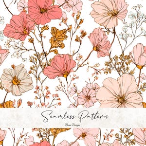 May include: Seamless floral pattern featuring pink and peach flowers with brown stems and gold accents on a white background. The design includes the text "Seamless Pattern" and "Bena Designs".